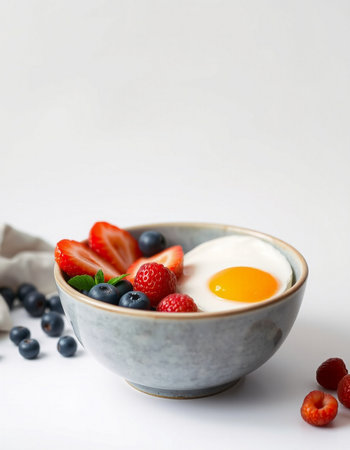 Fried egg with fresh berries in a bowl on a white backgroundの写真素材