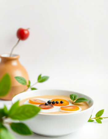 Creamy soup with carrot and berries in a bowl on a white backgroundの写真素材