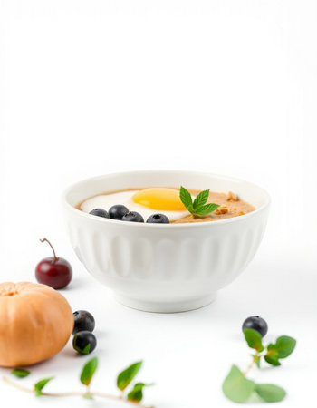 homemade yogurt with blueberries and egg yolk on white background