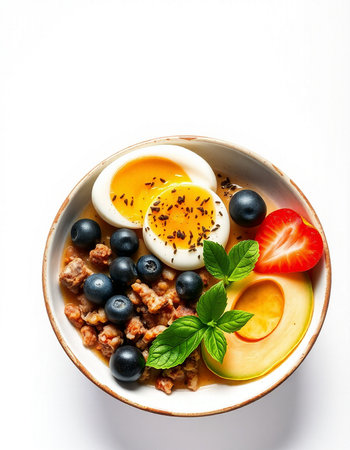 Healthy breakfast bowl of oatmeal porridge with fresh berries and egg