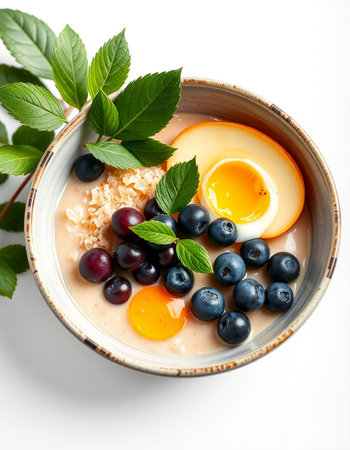 Bowl of oatmeal porridge with blueberries and egg yolkの写真素材