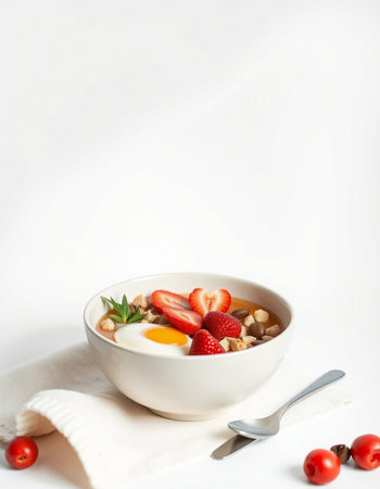 Healthy breakfast. Oatmeal with fresh berries and egg on white background