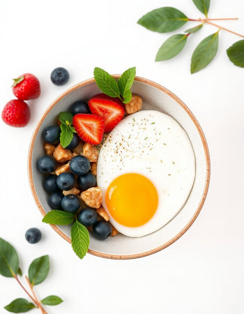 Fried egg with fresh berries and nuts in bowl on white backgroundの写真素材