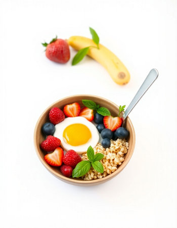 Healthy breakfast with oatmeal, berries and fried egg on white background