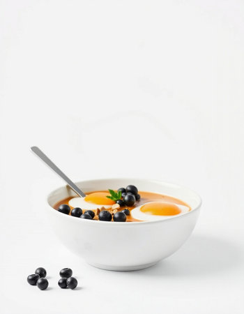 yogurt with blueberries in a white bowl on a white background