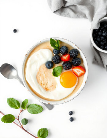 Healthy breakfast with yogurt, berries and egg on white background, top view