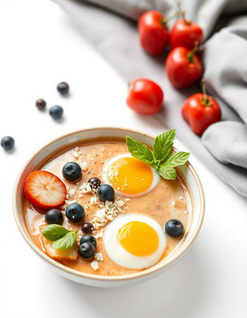 Bowl of delicious oatmeal porridge with berries on white background