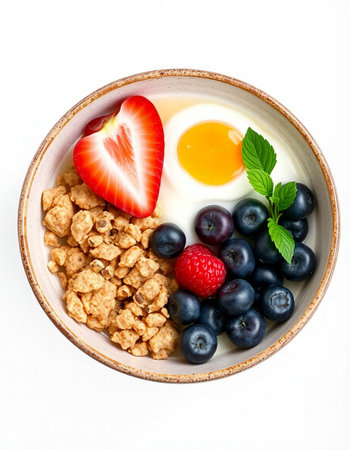 Bowl of oatmeal with fresh berries and egg on white background