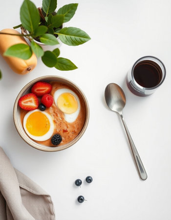 Healthy breakfast. Oatmeal porridge with fresh berries and eggs on white background