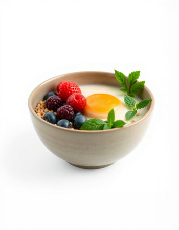 Bowl of oatmeal with fresh berries and egg on white background