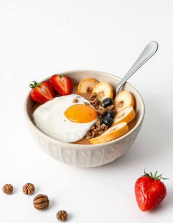 Bowl of oatmeal porridge with fresh fruit and fried egg