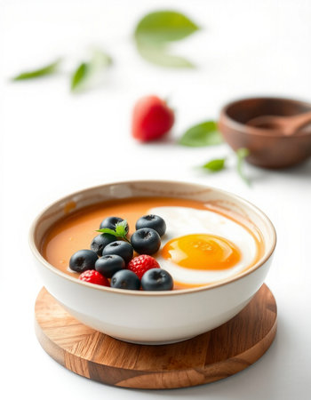 Yogurt with strawberries and blueberries in a bowl on a white background