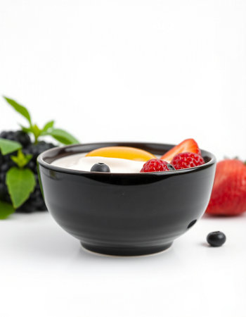 Yogurt with fresh strawberries and blueberries on a white backgroundの写真素材
