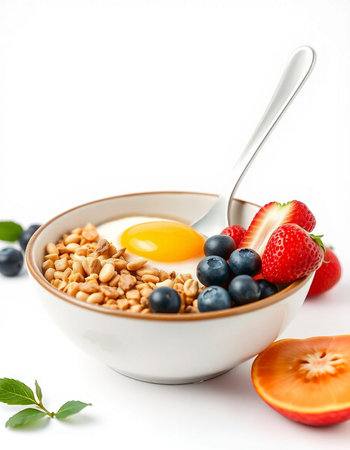 Healthy breakfast with oatmeal, berries and eggs on white background