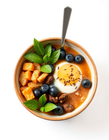 Tomato soup with egg, blueberries and toast on white background