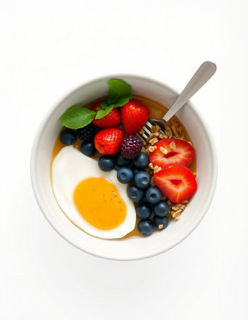 Healthy breakfast bowl with oatmeal, berries and egg on white background