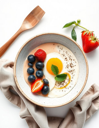 Healthy breakfast bowl with omelette, strawberries and blueberries on white background
