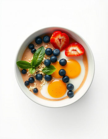 Yogurt with fresh berries and omelette on white backgroundの写真素材