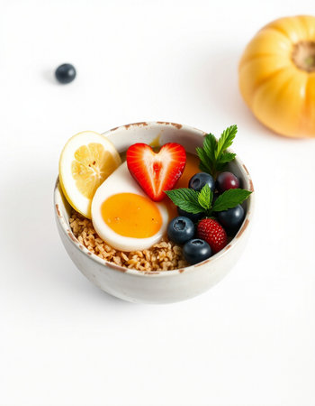 Healthy breakfast bowl with oatmeal, berries and eggs on white background