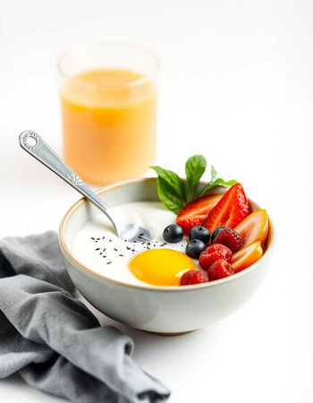 Healthy breakfast with yogurt, berries and eggs on a white backgroundの写真素材