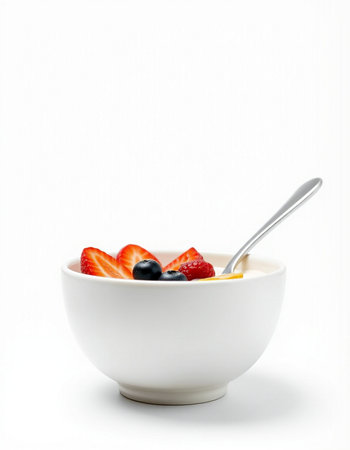 bowl of oatmeal with fresh strawberries and blueberries on white background