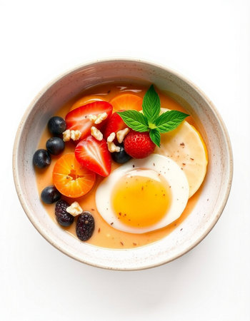 bowl of oatmeal with strawberries and blueberries on a white background