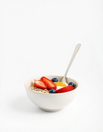 Healthy breakfast with muesli and fresh berries on white backgroundの写真素材
