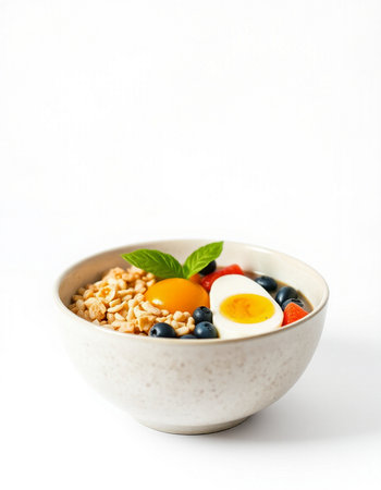 Healthy breakfast with oatmeal, blueberries and eggs on white backgroundの写真素材