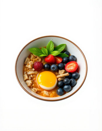 Oatmeal porridge with berries and egg isolated on white background.