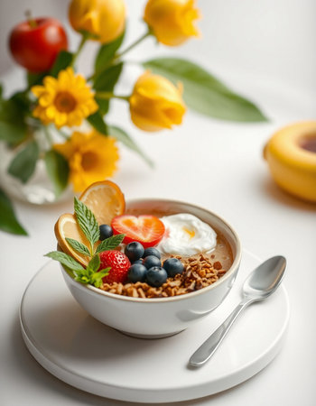 Healthy breakfast bowl with granola, yogurt and berries on white background