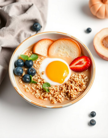 Bowl with tasty oatmeal for breakfast on white table, closeup