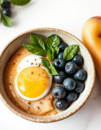 Fried egg in a bowl with fresh blueberries and mint on a white marble table.