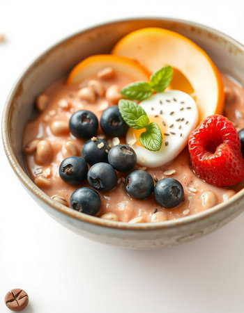 Healthy breakfast bowl with oatmeal, berries, fruits and yogurt.