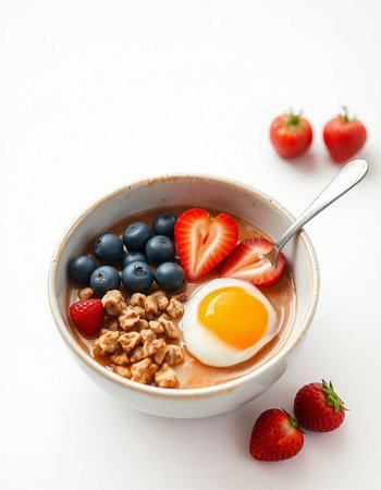 Breakfast with oatmeal, berries and egg on a white background