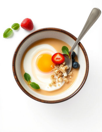 Bowl of oatmeal porridge with fresh berries and fried egg on white background