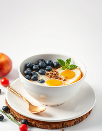Healthy breakfast with yogurt, berries and granola on white background