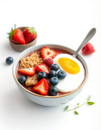 Oatmeal with fresh berries and egg in a bowl on a white background