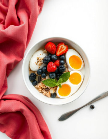 Healthy breakfast bowl with oatmeal, berries and eggs on white background