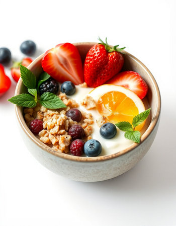 Healthy breakfast bowl with muesli, berries and yogurt isolated on white backgroundの写真素材