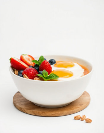 Healthy breakfast bowl with oatmeal, berries and eggs on white background
