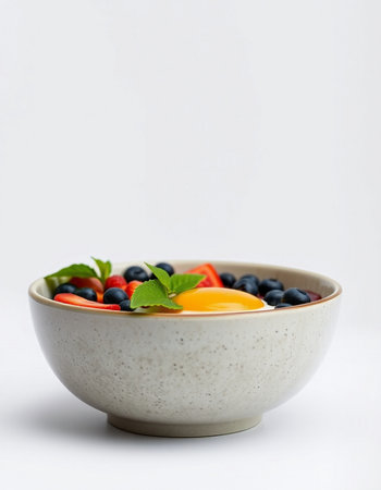 bowl of fresh blueberries and strawberries on white background with copy space