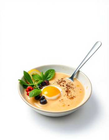 Creamy soup with egg and berries in a bowl on a white backgroundの写真素材