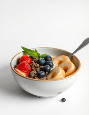 Healthy breakfast with muesli and berries on white background.の写真素材