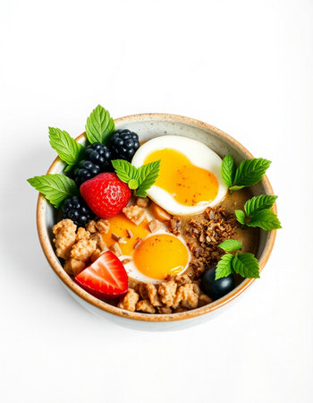Healthy breakfast with oatmeal, berries and eggs on white background
