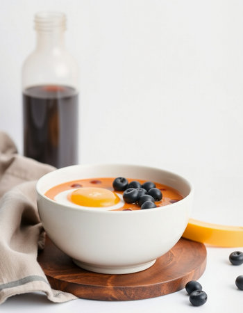 Tomato soup with egg and blueberries in a bowl on a white background
