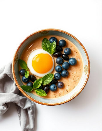Bowl of oatmeal with blueberries and egg on white backgroundの写真素材