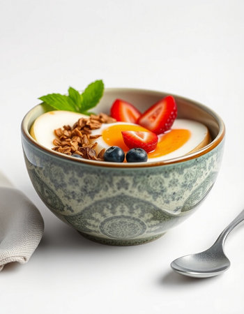 Greek yogurt with granola and berries in a bowl on white background