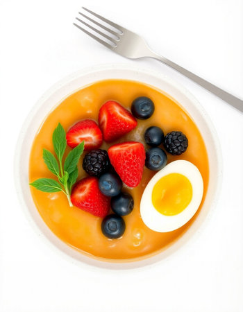 Pumpkin porridge with fresh berries and egg isolated on white background
