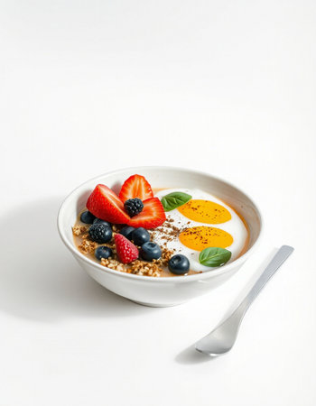 Muesli with fresh berries and yoghurt on white background