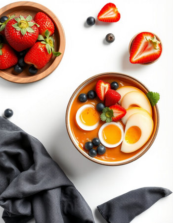 Healthy breakfast bowl with yogurt and fresh berries on white background.